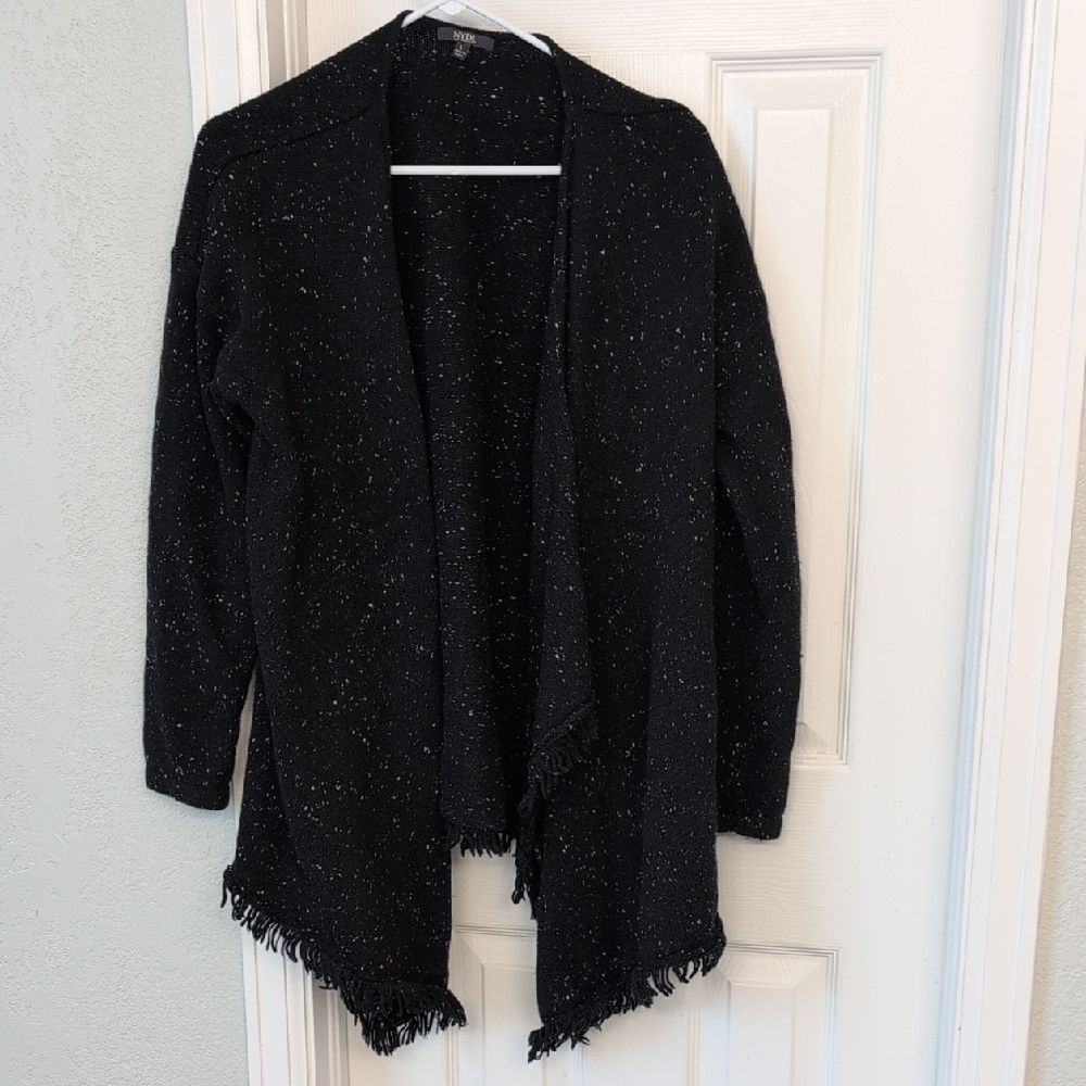 NYDJ Black Speckled Women's Open Front Cardigan Fringe. Wool Blend